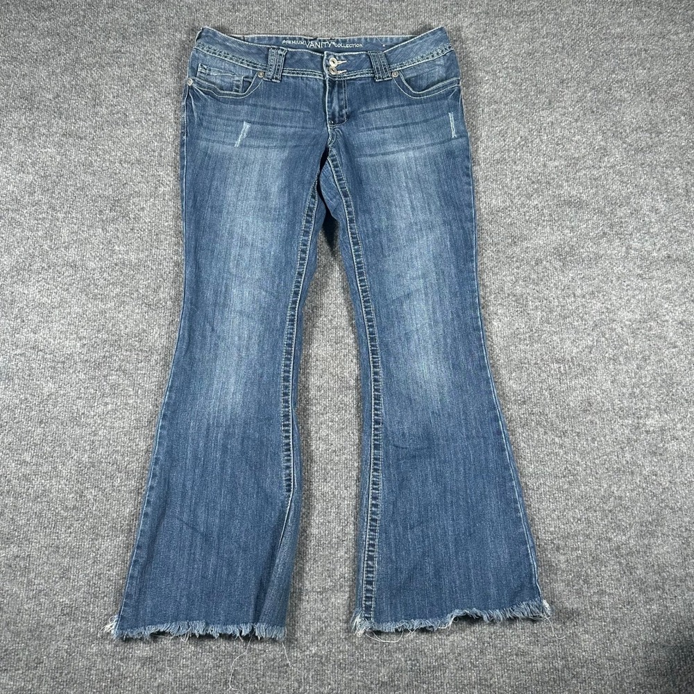 Vanity Jeans Womens 30W Blue Flare Mid Rise Raw Hem Embroidered Y2K Denim Pant